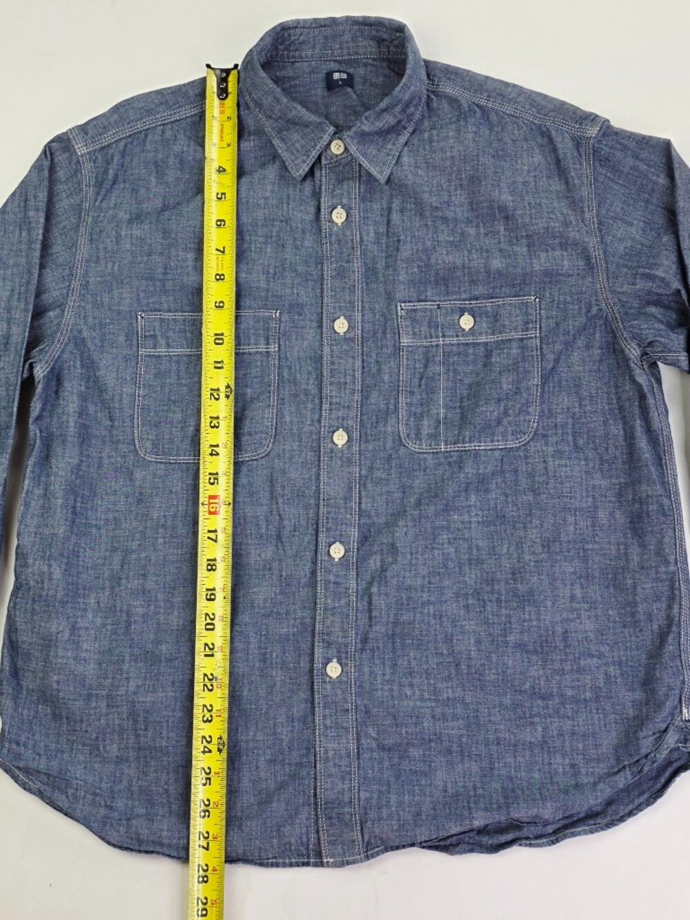 Uniqlo Size Large Mens Blue Denim Long Sleeve Two Pocket Cotton Shirt - Picture 8 of 9